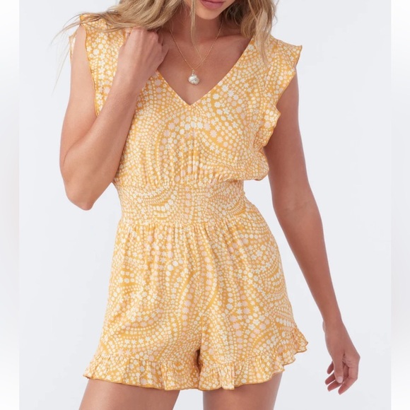 O'Neill Pants - O'Neill Women's Katy Romper Woven Yellow Floral Shorts Plunge Back Size Small